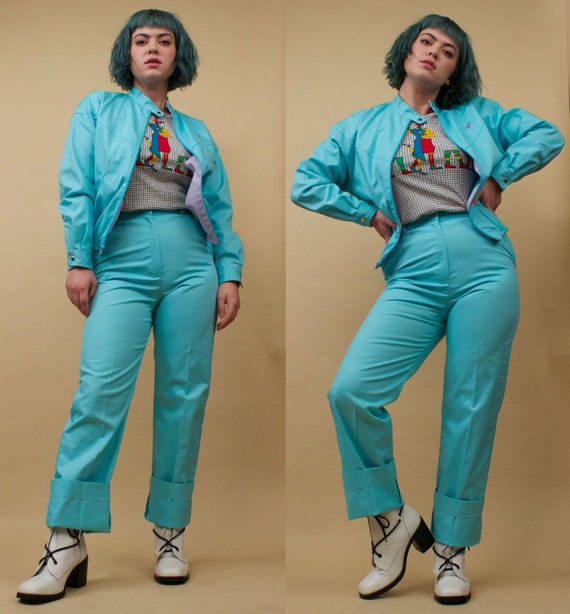 70s 80s Vtg Wrangler Aqua Blue 2 pc Jacket & Pant… - image 3