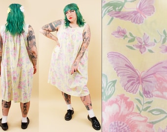 70s 80s Vtg Yellow Butterfly Print Summer Lightweight Cotton Poly Muu Muu Shift Dress Plus Size Volup Women's 1X-3X B50" W54" H60" L42"