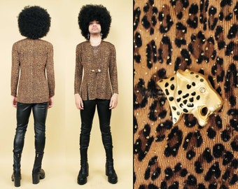 90s Vtg Glitter Cheetah Leopard Button Blazer Jacket Stretch Glam Designer Marshall Roussou Las Vegas Women's tag Medium