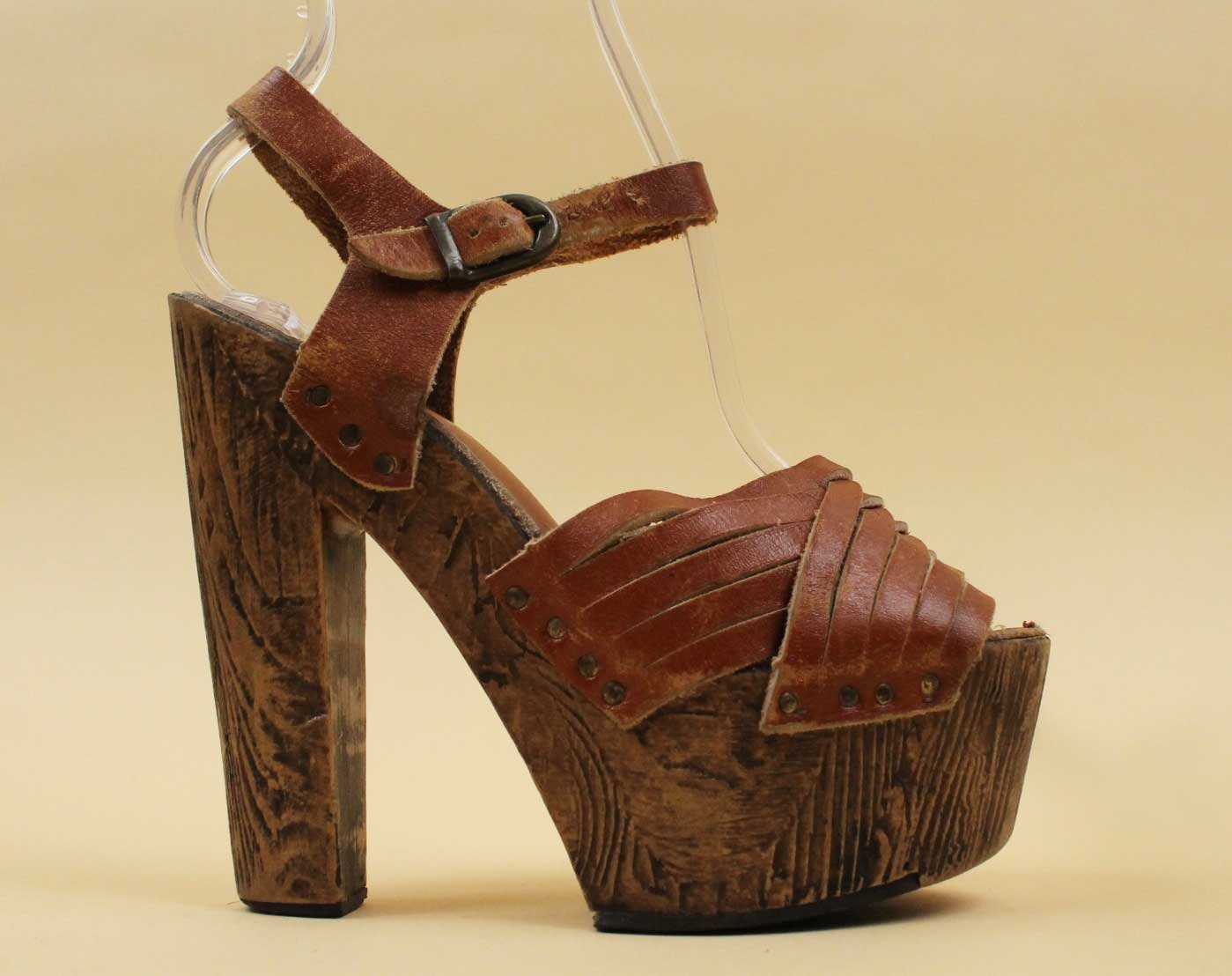 70s Vtg Faux Wood Platform Sky High Sandal Woven Leather Ankle