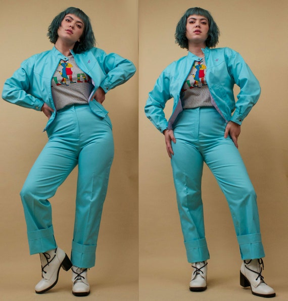 70s 80s Vtg Wrangler Aqua Blue 2 pc Jacket & Pant… - image 2