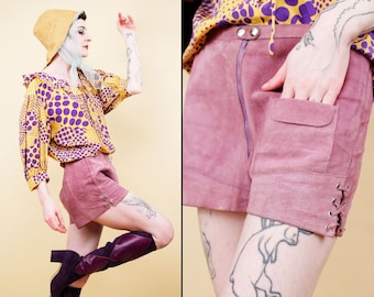 60s 70s Vtg Purple Lavender Muted Suede Leather Hot Pants Shorts Corset Detail Mod Glam Rock S 4/6 W27-28" H34-36" Low Rise 10.5" *As-Is*