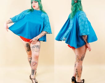 60s Vtg Teal Blue Tented Baby Doll Lace & Nylon Teddy Blouse Bell Sleeve Negligee Lingerie Loungewear Pin Up Mod S-L B38" W58" L24" *AS-IS