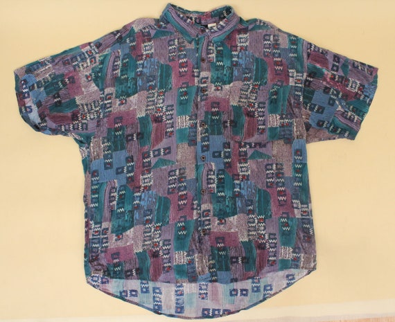 90s Vtg Abstract Print Button up Collared Rayon Shirt