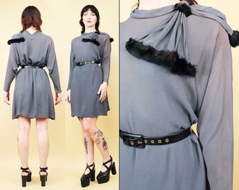 40s Vtg Grey Rayon Mini Dress with Mink Fur Collar Long Sleeve Batwing Well Worn *As-Is* Women's Medium B40" W32" H40"
