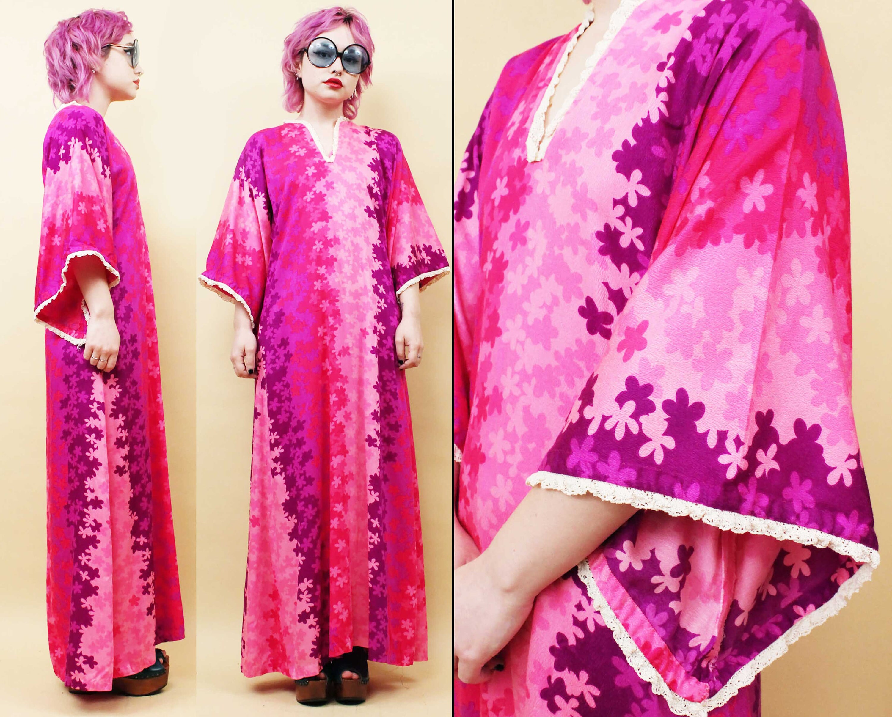 60s 70s Vtg Pink Purple Op Art Floral Hawaiian Kaftan Maxi