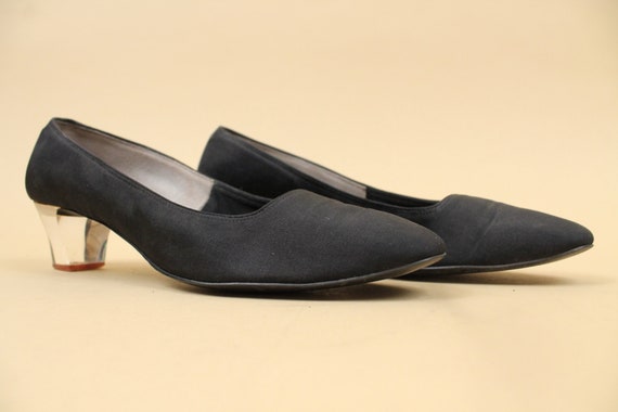 60s Vtg Black Textile & Leather Upper Clear Lucite High Heel Pumps Slip On Mod Women's US 8 EU 38.5 View 2