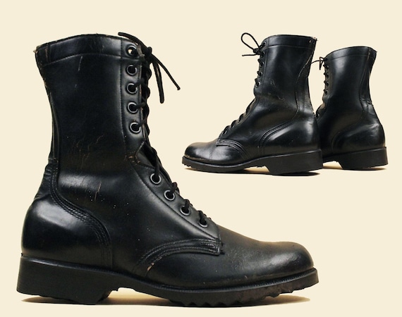70s Dated 1979 Vtg Black Leather Combat Boots Lace up Ankle Boot