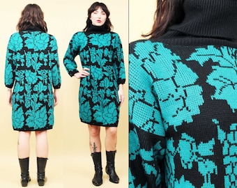 80s Vtg Black & Teal Floral Knit Acrylic Sweater Dress Turtleneck Chunky Cozy Long Sleeve Sheath Women's tag Medium