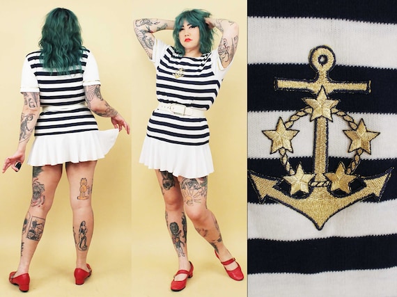 80s Vtg Sailor Striped Nautical Anchor Embroidere… - image 1