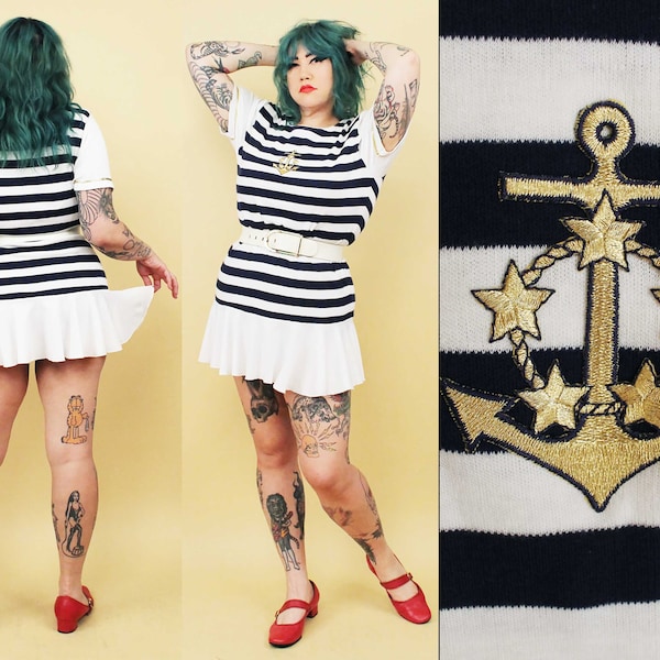80s Vtg Sailor Striped Nautical Anchor Embroidered Mini Dress Ruffle Hem Navy White Knit Women's M-XL B40-42" W36-40" H40-42" L32"
