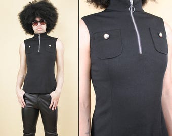 60s Vtg Black Ribbed Mockneck Shirt O Ring Muscle Cut Sleeveless Tank Top Mod Women's S-M B34-36" W30" H36" L23"