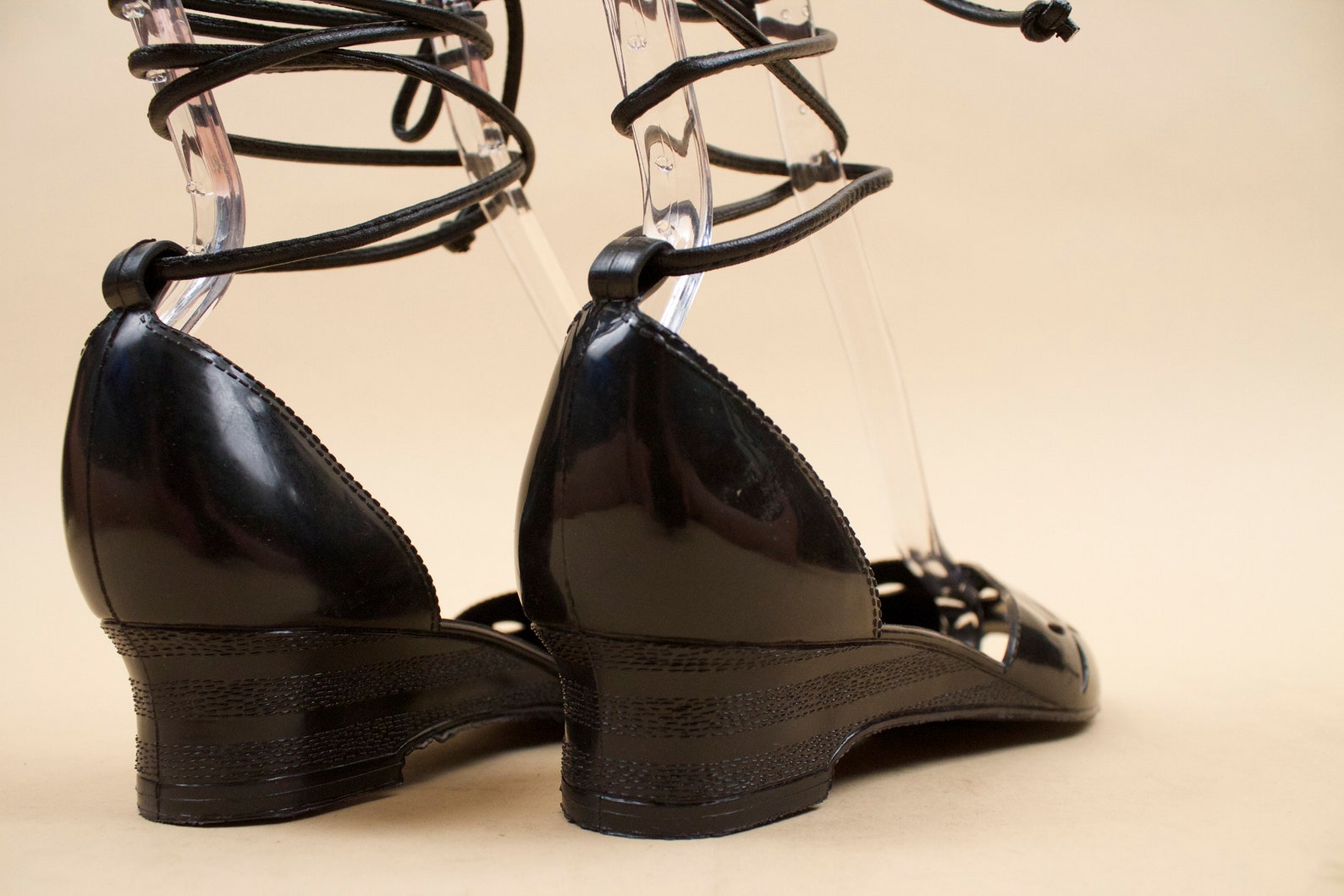 80s does 50s vtg rare deadstock qualicraft jet black jelly lace up ballet slipper sandal / cut out wedge comfy flat shoe 7 6.5 e