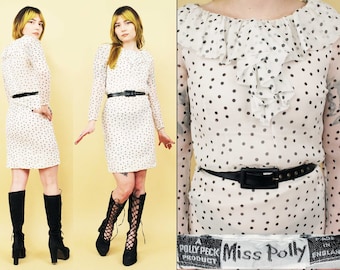 60s Vtg Polly Peck B&W Polka Dot Sheer Sleeve Mod Mini Dress by Miss Polly Made in England Carnaby St Boutique Xxs Xs B30" W26" H32" L34"