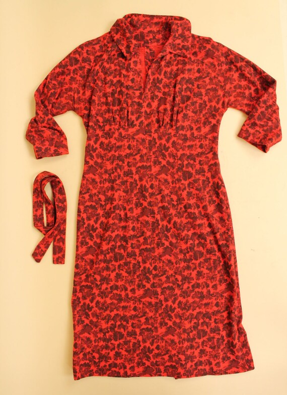 40s 50s Vtg Red & Brown Novelty Print Dress Colla… - image 8