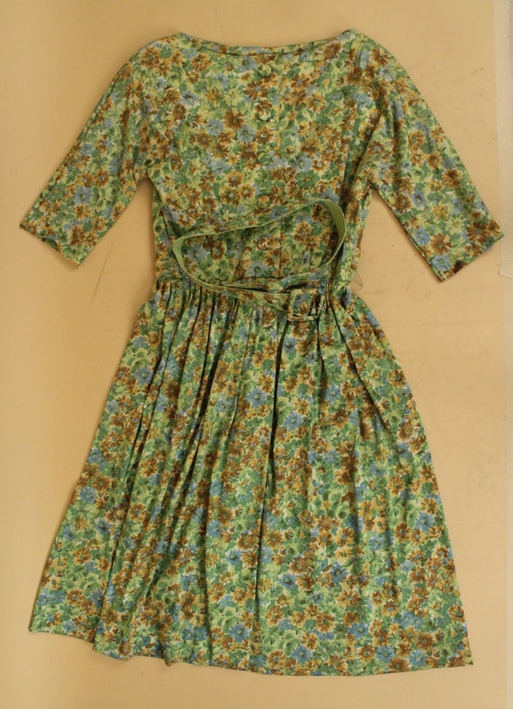 50s 60s Vtg Green Yellow Floral 3/4 Sleeve Day Dr… - image 9