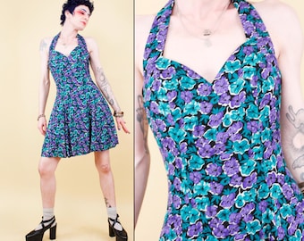 80s 90s Vtg Rampage Floral Halter Mini Dress with Corset Boning Circle Skirt Party Sweetheart Bust tag 3 XS B32" W24" H36" L33"