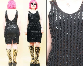 80s Vtg Black Stretchy Sequin Body Con Mini Dress Sleeveless Tank Top Scoop Low Back tag 9/10 Small
