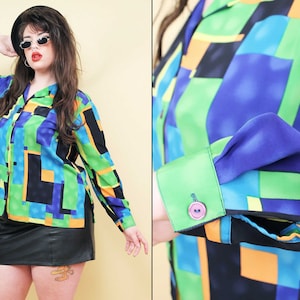 90s Vtg Square Pop Art Print Vivid Colors Collared Long Sleeve Blouse Button Up Women&#39;s Plus Size tag 1X 14 16