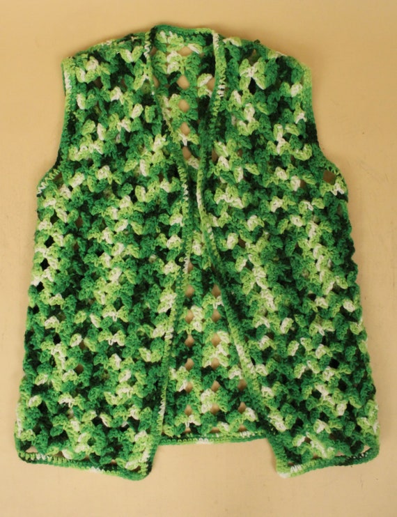 60s 70s Vtg Green Knit Crochet Acrylic Sweater Ve… - image 9