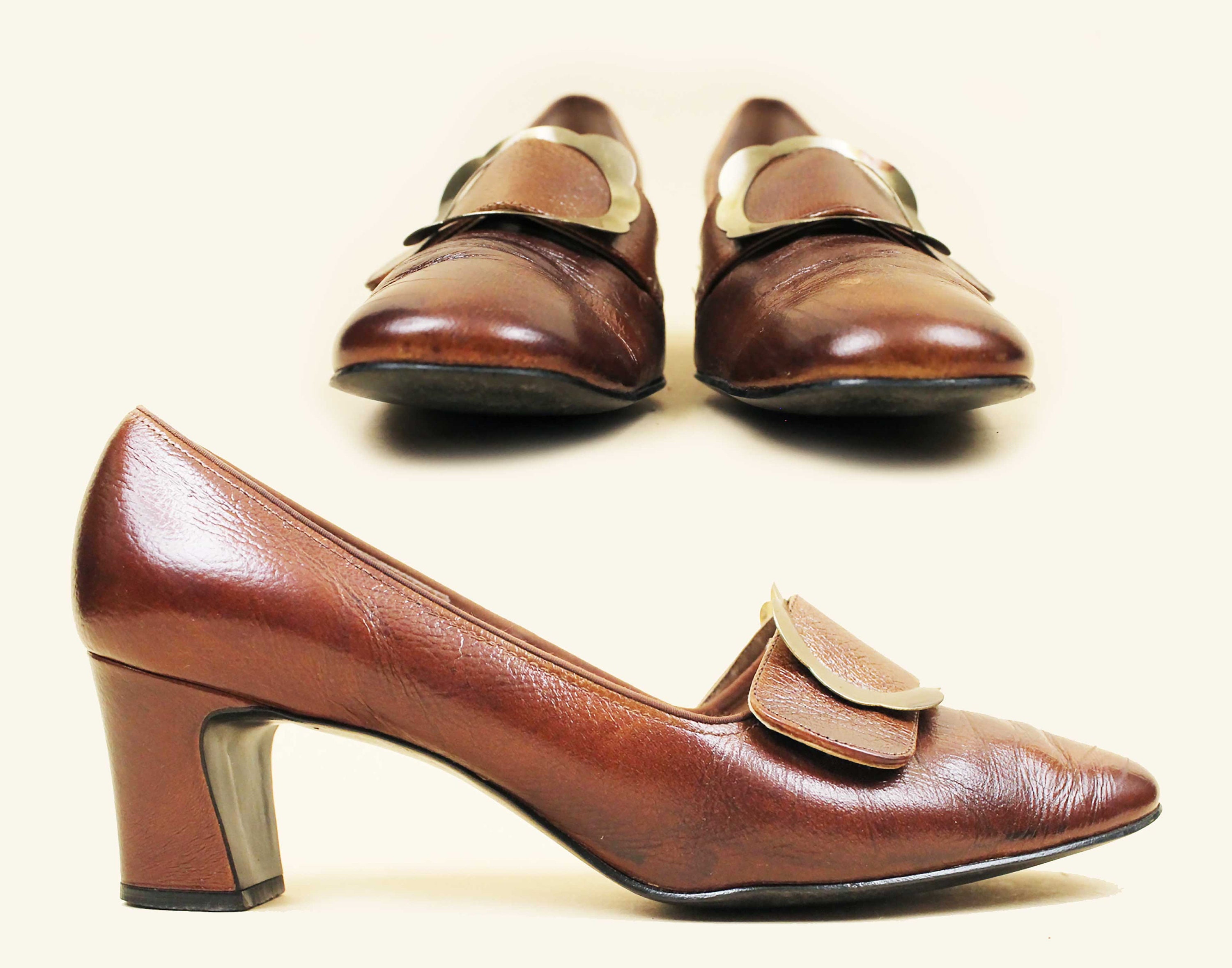 60s Vtg Brown Leather Daisy Monk Strap High Heels Pump Slip On Mod Women's US 7.5 EU 38