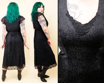 Vintage 80s Black Stretch Lace Maxi Dress Goth Witch Tie Back Joni Blair M-L B36-40" W32" H40" L48"