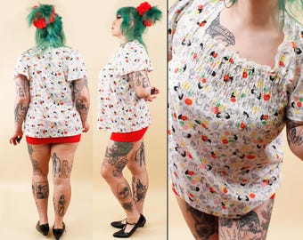 60s 70s Vtg Rainbow Floral Smocked Bust Baby Doll Blouse Short Sleeve Women's Volup Plus L-XL B40" W44" H46" L26"