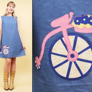 60s Vtg Deadstock Blue Bicycle Patch Mini Dress Shift Sheath Slip Mod Poly Cotton NWT Women&#39;s tag 16 fits Medium