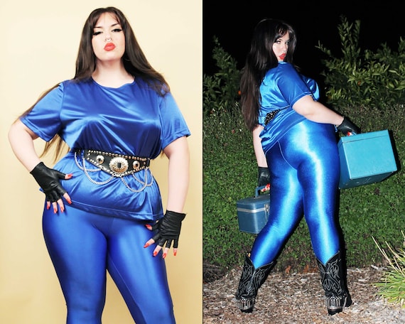 80s Vtg Spandex Blue Shiny 2pc Set High Waist Leggings Boxy Shirt Blouse  Short Sleeve Glam Metal New Wave Athletic Women's XL 1X 2X -  Canada