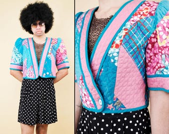 Chaqueta corta de algodón con estampado de patchwork arcoíris acolchado estilo años 80 de Jeanne Marc, estilo bolero, con mangas abullonadas, talla S (8/10), ancho 38", ancho 36", largo 18".