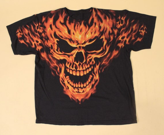 90s Y2K Vtg Black & Orange Flame Skull Skeleton Shirt Tshirt 90s Y2K Vtg Black & Orange Flame Skull Skeleton Shirt Tshirt