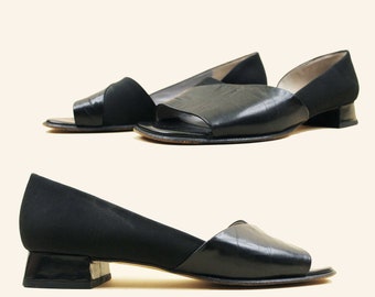 90s Vtg Black Leather Slide Sandal Low Heel Angular Minimalist Mod Women's US 7 EU 37.5