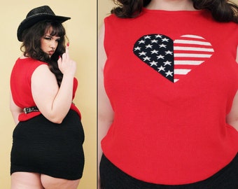 80s Vtg Red Acrylic Knit Sweater Blouse Sleeveless Top American Flag Heart Valentines Day Women's Plus Size tag XL Stretchy