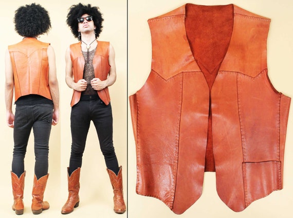 60s 70s Vtg Brown Leather Whipstitch Vest Jacket … - image 1