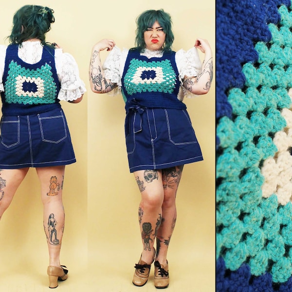 60s 70s Vtg Granny Square Crochet Tank Top Knit Acrylic Sweater Vest rare Plus Size Women's 1X 2X B38-44" W40-46"