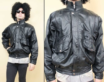 80s Vtg Black Leather Futurtistic Bomber Zipper Jacket High Collar Biker Motorcycle Men's Medium Large *As-Is*