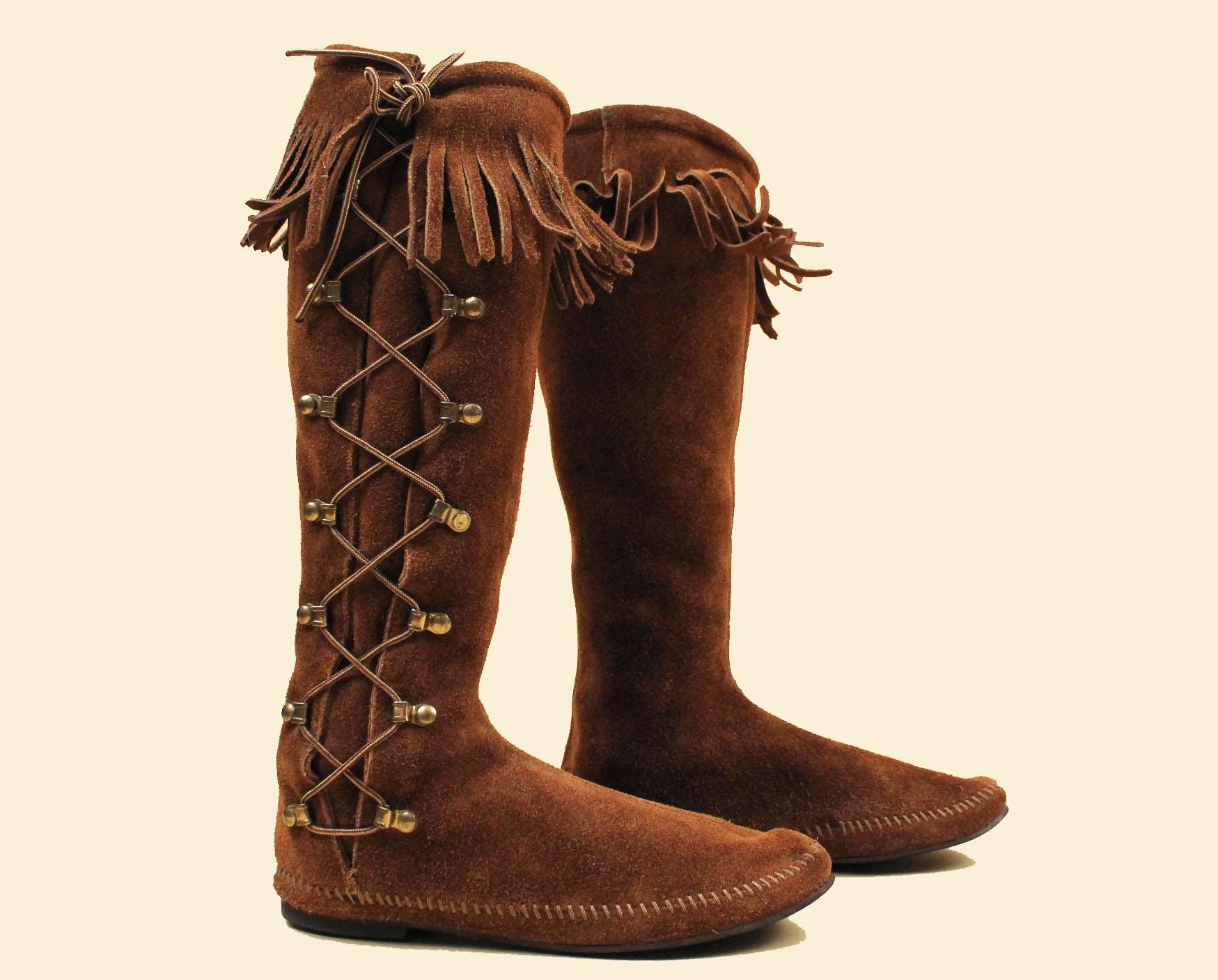Minnetonka Fringe Boots Minnetonka Knee High Moccasins Front Lace