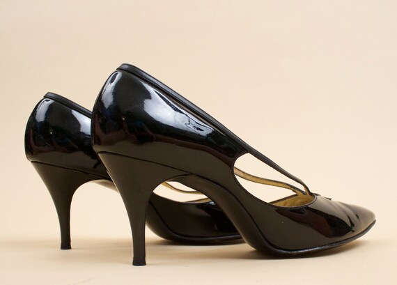 50s Vtg Black Patent Leather Pointy Kitten High H… - image 8