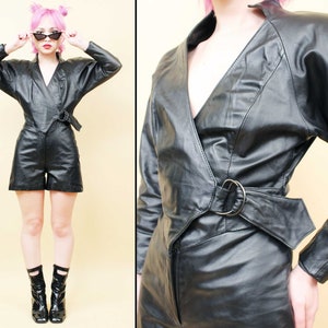 80s Vtg Black Leather Catsuit Romper Batwing Futuristic Motorcycle Biker Babe Goth Punk Women&#39;s tag 2 Xs Sm