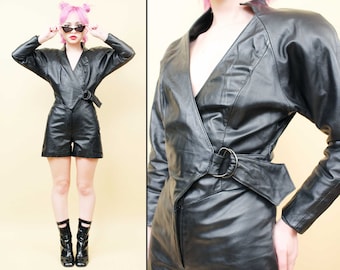 80s Vtg Black Leather Catsuit Romper Batwing Futuristic Motorcycle Biker Babe Goth Punk Women&#39;s tag 2 Xs Sm
