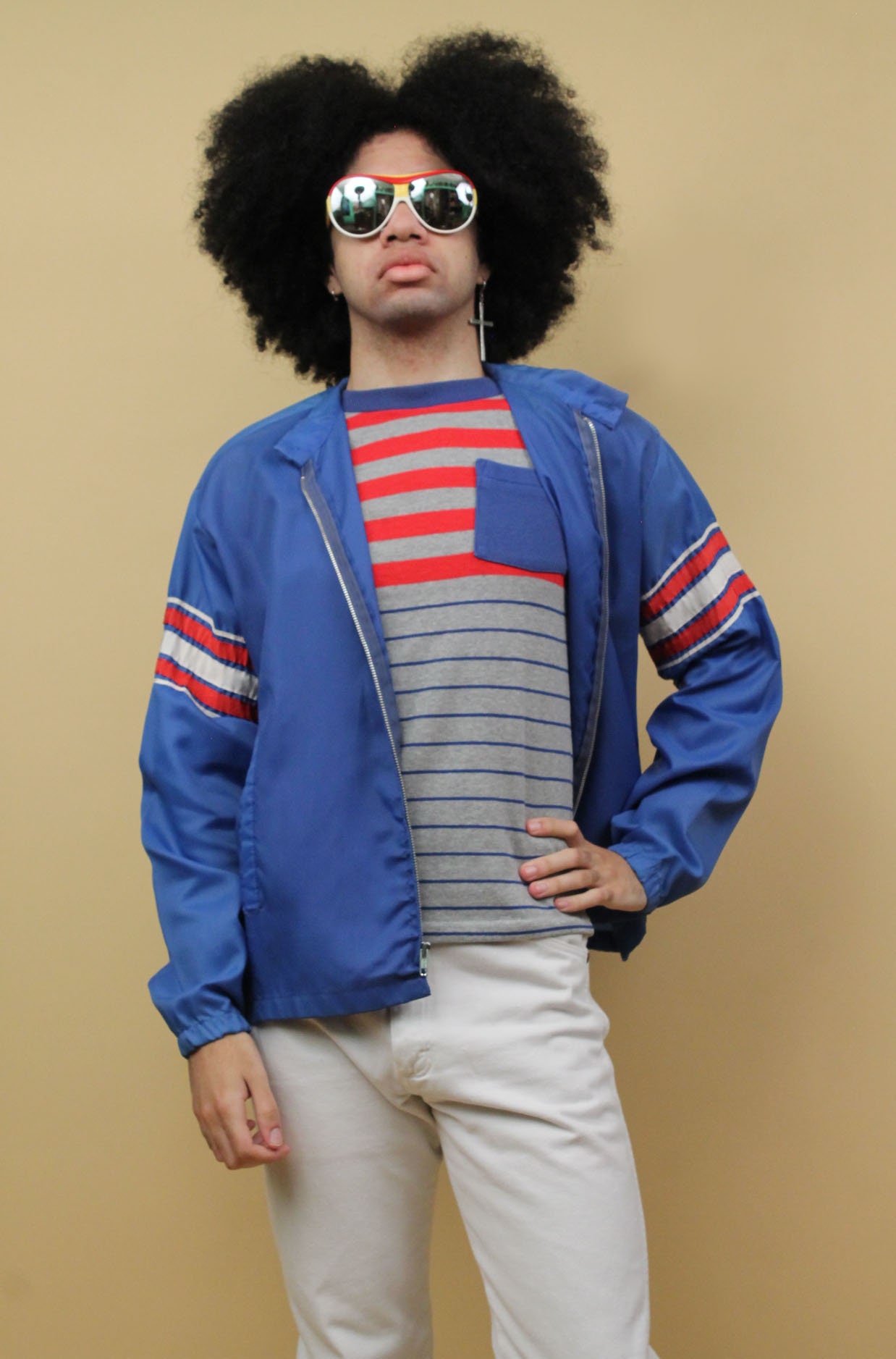60s 70s Vtg Blue Nylon Stripe Mod Zip up Jacket Racer Sport