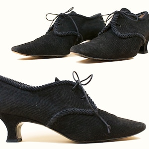 80s 90s Vtg Black Leather Corduroy Suede Oxford Tie High Heel by Phillipe Model Paris Designer Witch Minimalist Pointy Toe US 7 EU 37.5