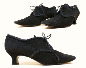 80s 90s Vtg Black Leather Corduroy Suede Oxford Tie High Heel by Phillipe Model Paris Designer Witch Minimalist Pointy Toe US 7 EU 37.5