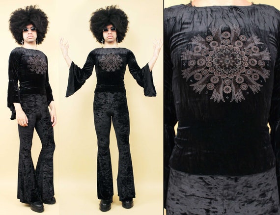 90s Y2K Vtg Black Stretch Velvet Beaded Mandala Bell Sleeve Witch Shirt Women's Xs Small
