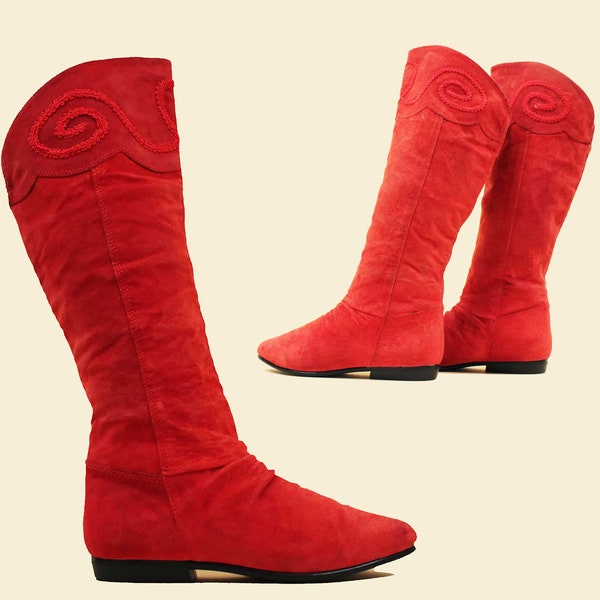 80s Vtg Red Suede Leather Knee High Boot Flat Pointy Pointed US 5.5 EU 35.5