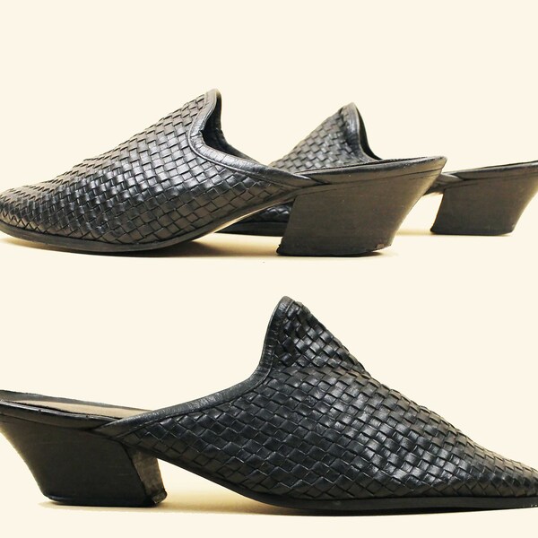 80s 90s Vtg Black Woven Leather Slip On Slide Mule Low Heel Women's US 10 9.5 EU 42 41