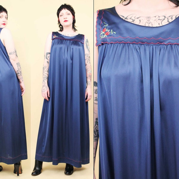 60s 70s Vtg Floor Length Square Collared Maxi Slip Dress Lingerie Nightgown Sleeveless Embroidery Navy Blue Women's L-XL B42" W50" H60" L52"