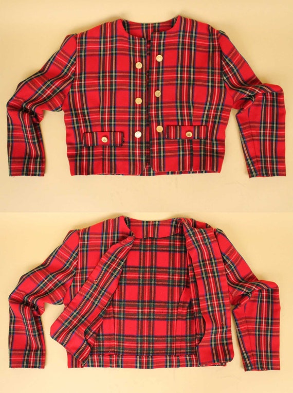 80s Vtg Red Plaid Tartan 100% Wool Handmade Blaze… - image 2