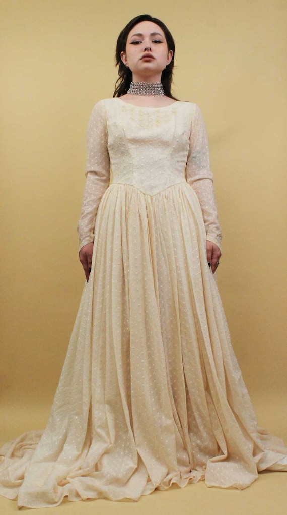 50s 60s Vtg Wedding Bridal Gown Embroidered Lace … - image 3