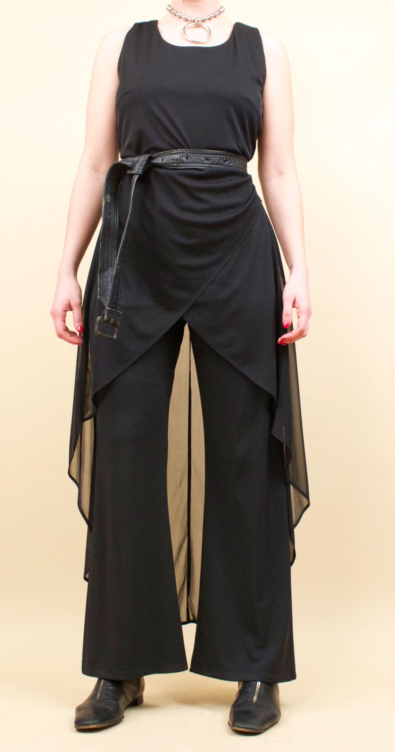 90s Vtg Jet Black Pantsuit Wide Leg Cascading Sheer Overlay Layered Avant Garde Minimalist Mod Jumpsuit tag 14 fits 12 Large